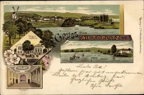 Litho Alt Töplitz Werder an der Havel, Gesamtansicht, Windmühle, Hagens Gasthaus, Festsaal