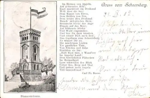 Ak Scheersberg Steinbergkirche in Angeln, Bismarckturm, Gedicht Carl Fr. Bosse