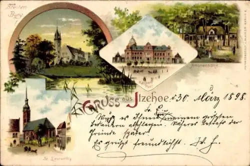 Litho Itzehoe in Schleswig Holstein, Breiten Burg, Amonenhöhe, Post, St. Laurenthy