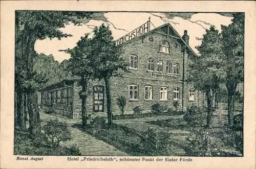 Künstler Ak Heikendorf an der Kieler Förde, Hotel Friedrichshöh, Monat August