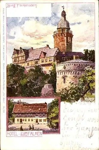 Künstler Ak Bahndorf, Heribert, Falkenstein im Harz, Burg Falkenstein, Hotel zum Falken