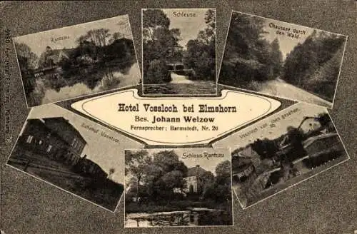 Ak Elmshorn in Holstein, Hotel Vossloch, Schleuse, Schloss Rantzau, Bahnhof, Chaussee Wald