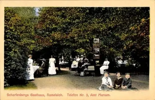 Ak Ramelsloh Seevetal in Niedersachsen, Scharfenbergs Gasthaus, Gartenpartie