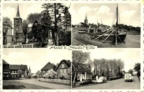 Ak Assel Drochtersen Elbe, Kirche, Hafen, Straßenpartie, Auto