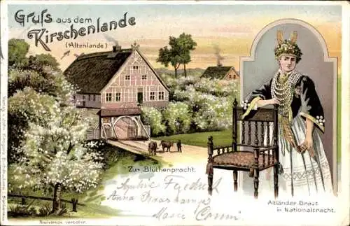 Litho Kirschenland, Blütenpracht, Altländer Braut in Tracht