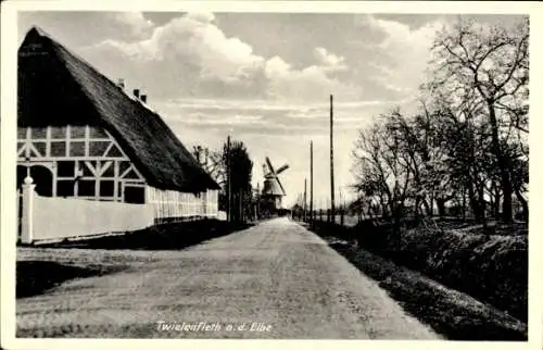 Ak Siebenhöfen Hollern Twielenfleth im Alten Land, Reetdachhaus, Windmühle