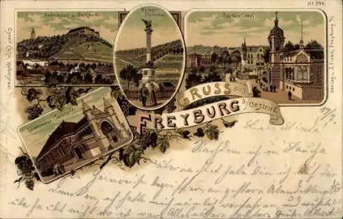 Litho Freyburg an der Unstrut, Jahnhaus und Schloss, Kriegerdenkmal, Erinnerungsturnhalle