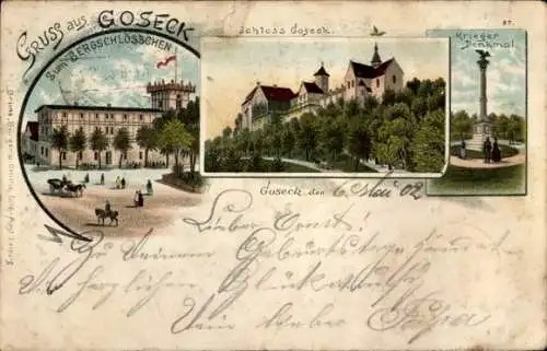 Litho Goseck Sachsen Anhalt, Bergschlösschen, Schloss Goseck, Kriegerdenkmal