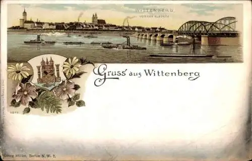 Wappen Litho Lutherstadt Wittenberg in Sachsen Anhalt, Flusspartie, Stadtblick von der Elbseite