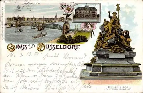 Litho Düsseldorf am Rhein, Neue Reinbrücke, Ständehaus, Provinzial Denkmal