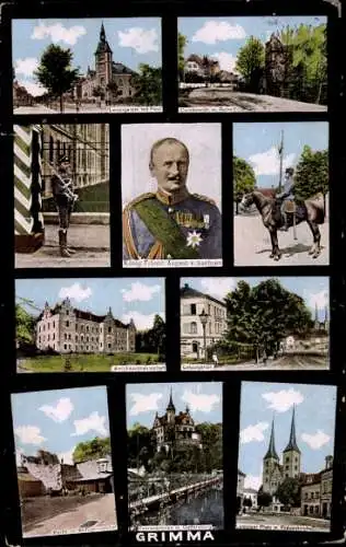 Ak Grimma, Leipziger Straße, König Friedrich August III. von Sachsen, Reiter, Amtshauptmannschaft