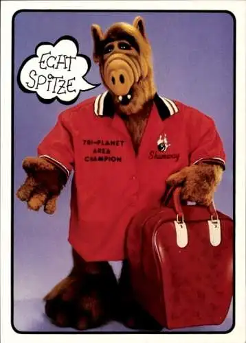 Ak Echt spitze, Alf mit Bowlinghemd und Bowlingtasche