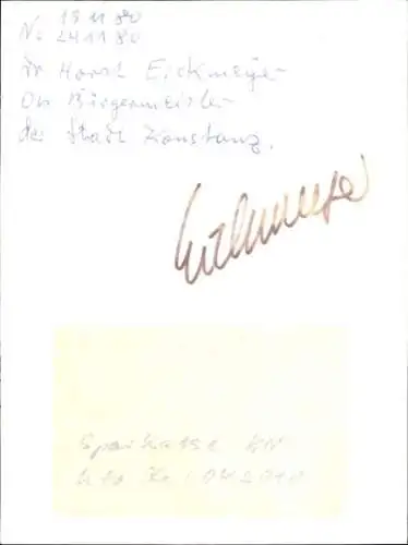Foto Politiker Horst Eickmeyer, Oberbürgermeister der Stadt Konstanz, Portrait, Autogramm
