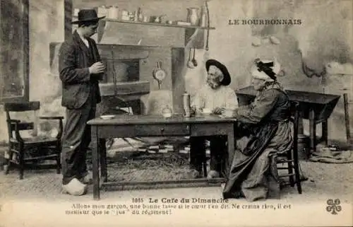 Ak Französische Volkstracht, Bourbon, Ehepaar, Junger Mann, Wohnstube