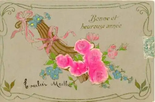 Präge Litho Glückwunsch Neujahr, Füllhorn, Rosenblüte