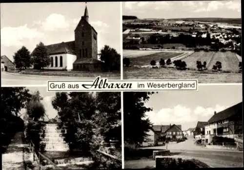 Ak Albaxen Höxter im Weserbergland, Panorama, Kirche, Wasserfall, Straßenansicht