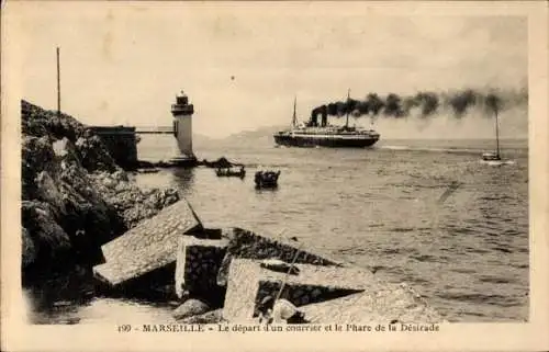 Ak Marseille Bouches du Rhône, le depart d'un courrier et le Phare de la Desirade