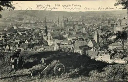 Ak Würzburg am Main Unterfranken, Blick von der Festung, Kanone