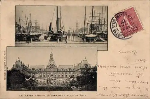 Ak Le Havre Seine Maritime, Bassin du Commerce, Rathaus