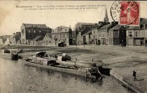 Ak Montluçon Allier, Quai Louis Blanc bordant le bassin, Eglise St. Pau