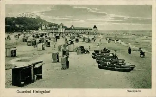 Ak Ostseebad Heringsdorf auf Usedom, Strand, Strandkörbe, Ruderboote