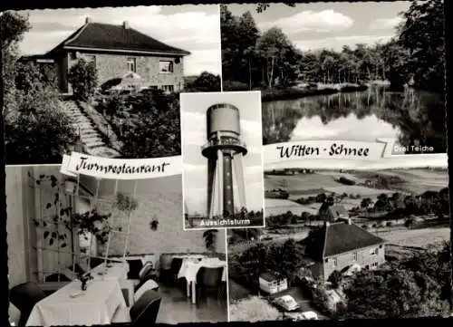 Ak Schnee Rüdinghausen Witten an der Ruhr, Turmrestaurant, Drei Teiche, Aussichtsturm, Kermelberg