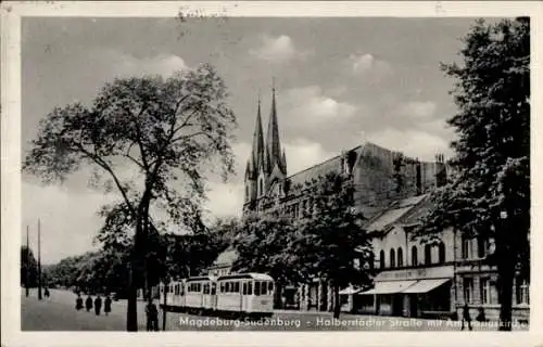 Ak Sudenburg Magdeburg, Halberstädter Straße, Ambrosiuskirche, Geschäfte, Straßenbahn