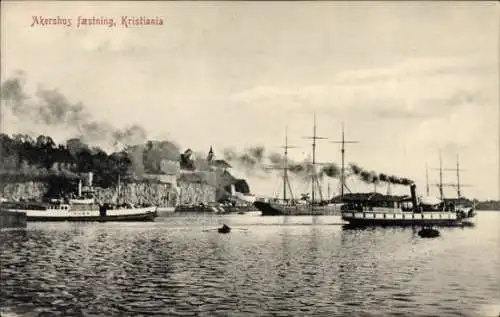 Ak Kristiania Christiania Oslo Norwegen, Dampfer, Segelschiff