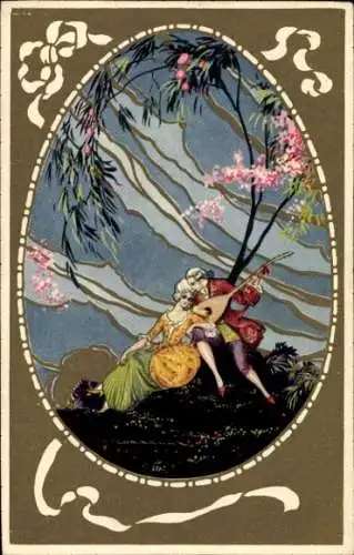 Passepartout Ak Liebespaar, Mann mit Laute