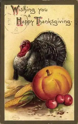 Präge Litho Thanksgiving, Truthahn, Pute, Kürbis, Maiskolben