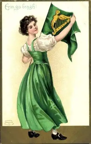 Künstler Ak Frau im grünen Kleid mit Fahne, Irland, Allegorie, Erin go bragh