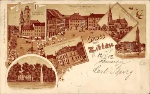 Litho Zittau in Sachsen, Marktplatz, Amtsgericht, Restaurant, katholische Kirche, Post, Johanneum