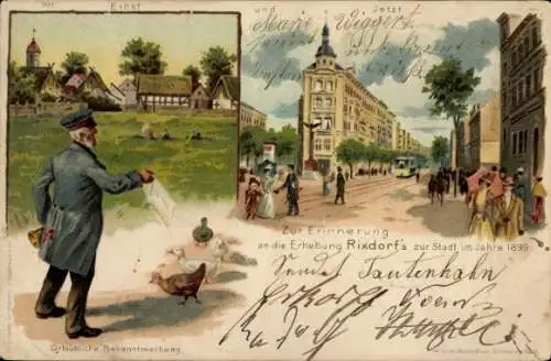 Litho Berlin Neukölln Rixdorf, Mann füttert Vögel, Erhebung Rixdorf's zur Stadt im Jahre 1899