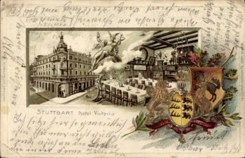 Präge Wappen Litho Stuttgart in Württemberg, Hotel Victoria