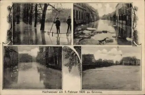 Ak Grimma in Sachsen, Hochwasser, Februar 1909