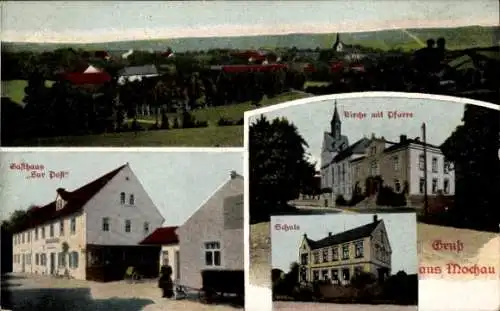 Ak Mochau Döbeln in Mittelsachsen, Gasthaus zur Post, Kirche, Schule, Panorama