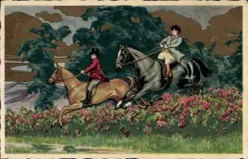 Künstler Ak Pferde springen über eine Rosenhecke