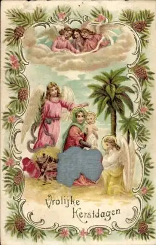 Stoff Präge Litho Glückwunsch Weihnachten, Engel, Maria mit Jesus