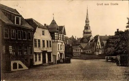 Ak Stade in Niedersachsen, Teilansicht, Kirche, Fachwerkhaus