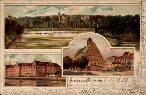 Litho Grimma in Sachsen, Gattersburgen, Rathaus, Fürstenschule