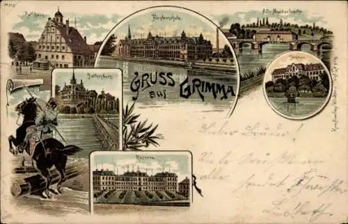 Litho Grimma in Sachsen, Gattersburg, Kaserne, Seminar, Muldenbrücke, Rathaus