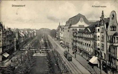 Ak Düsseldorf am Rhein, Straßenpartie, Straßenbahnen, Park