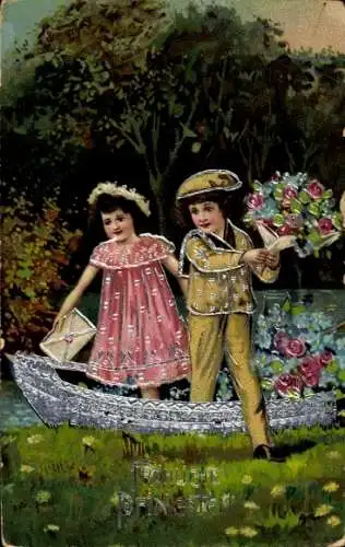 Ak Glückwunsch Pfingsten, Gratulanten, Boot, Blumenstrauß