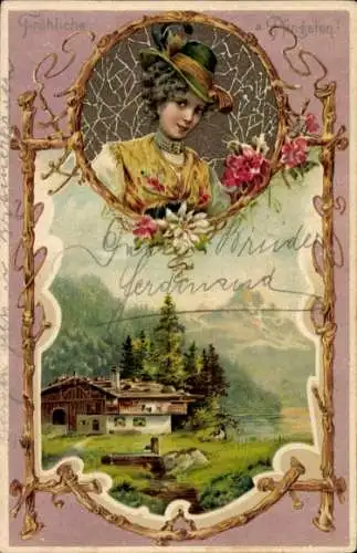 Präge Litho Glückwunsch Pfingsten, Frau-Porträt, Blumen, Wohnhaus