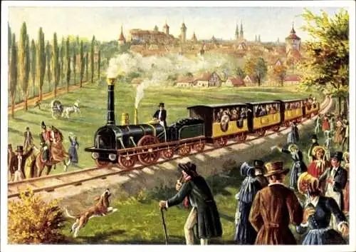 Künstler Ak Selzer, 1. Deutsche Eisenbahn zwischen Nürnberg und Fürth 1835