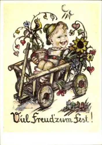 Künstler Ak Hummel, Viel Freud' zum Fest, Karren, Blumen, Vogel, Nr. 5944