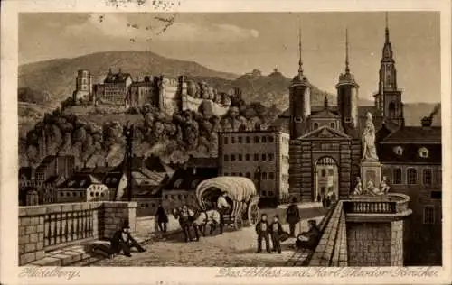 Künstler Ak Chapuy, Heidelberg am Neckar, Blick auf Schloss und Karl Theodor Brücke