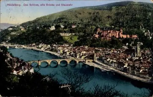 Ak Heidelberg am Neckar, Teilansicht, Schloss, alte Brücke, Stauwehr