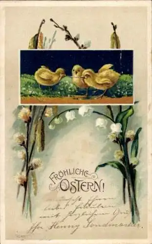Präge Ak Glückwunsch Ostern, Küken, Weidenkätzchen, Maiglöckchen