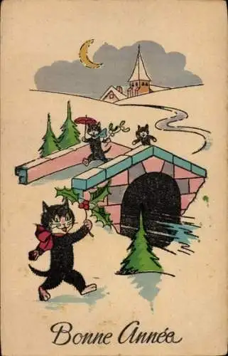Ak Glückwunsch Neujahr, Katzen, Stechpalme, Brücke